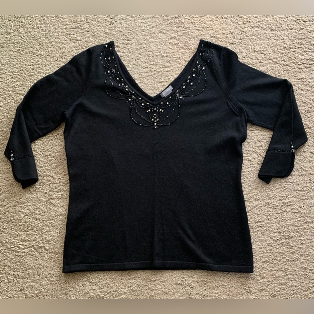 Women’s Ann Taylor black sweater with embellished beads and rhinestones.